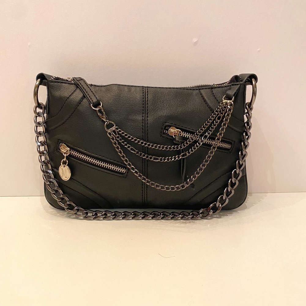 MANGO Black vegan leather with silver chain shoulder bag